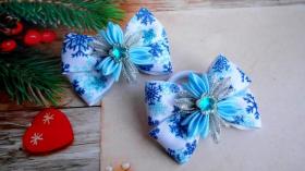 Новогодние бантики со снежинками из репсовых лент ❄ Мастер-класс канзаши